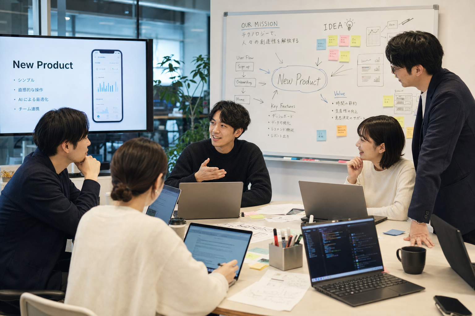 会議でブレインストーミングを行うチームの様子